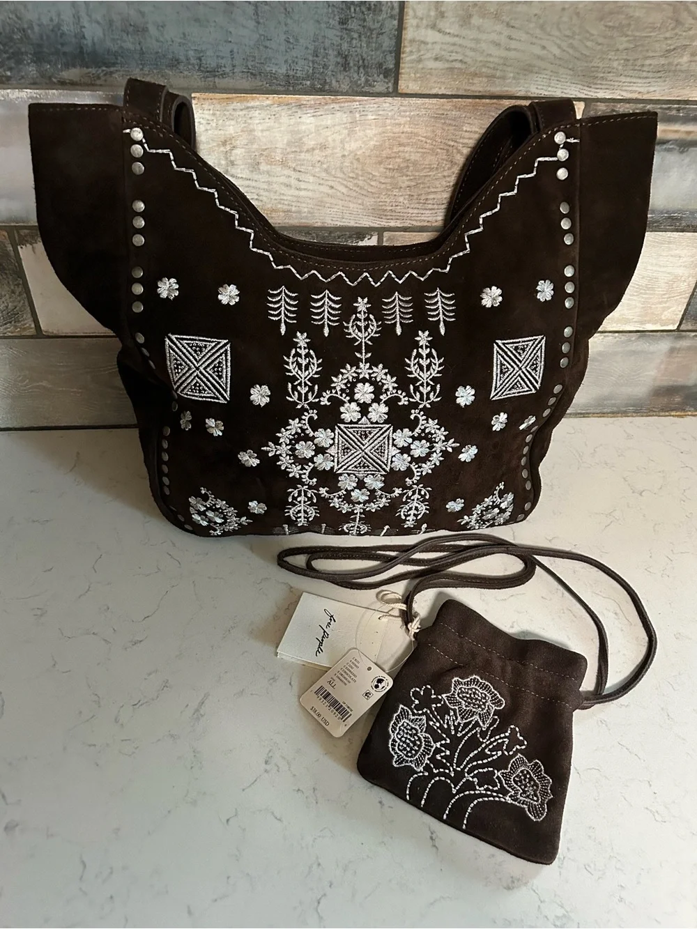 Free People Eden Embroidered Suede Tote + Eden Mini Pouch in Espresso